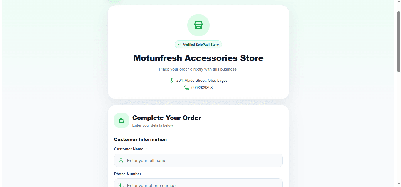 SoloPadi customer order form
